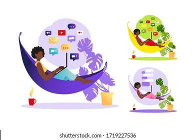 African american woman sitting on hammock with laptop. Working on a computer. Freelance, online education or social media concept. Working from home, remote job. Flat style modern vector illustration.