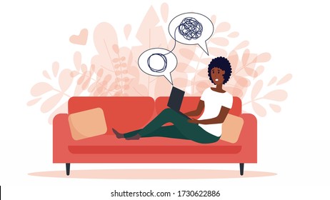 African American Woman Sitting On Sofa With Laptop On Online Psychological Consultation. Concept Of Online Psychotherapy Session. Professional Online Therapist Counseling Female With Mental Problem.