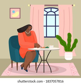 African american woman sitting on soft armchair at home at a table eating salad vector illustration. Female character having lunch in a restaurant or cafe. Spending time at home, household dinner