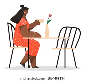 African american woman sitting on chair at home at a table drinking coffee vector illustration. Female character having lunch in a restaurant. Moden girl is having dinner in a cafe at small table