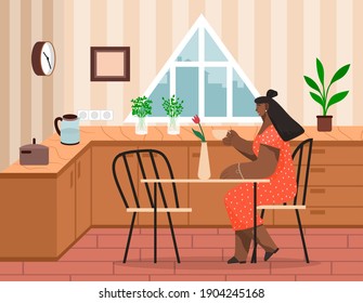 African american woman sitting on chair at home at a table drinking coffee vector illustration. Female character having lunch. Girl is having dinner in a kitchen interior with furniture at small table