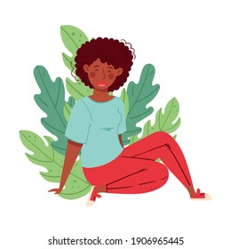 African American Woman Sitting On The Ground With Folded Legs Leaning On Arm Vector Illustration