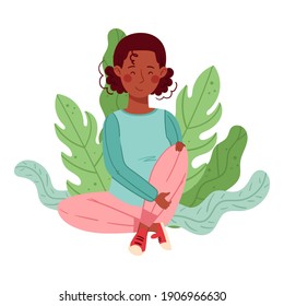 African American Woman Sitting On The Ground With Floral Leaves Behind Vector Illustration