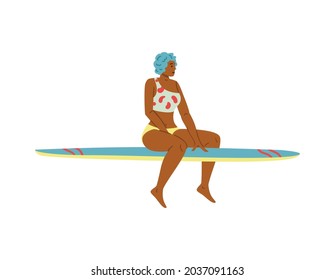 African american woman sitting on surfboard or paddleboard flat vector illustration isolated on white background. Character of sportswoman engaged in water sports.