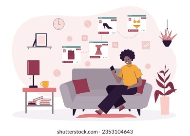 African american woman sitting on sofa in living room and using smart phone for shopping. Online clothing and accessories shop, fashionable girl makes remote purchases in internet store. E-commerce.