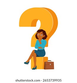 Mulher afro-americana sentada sobre um ponto de interrogação que parece confusa com uma maleta próxima na ilustração