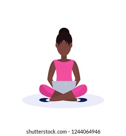 african american woman sitting pose using laptop isolated female faceless cartoon character flat