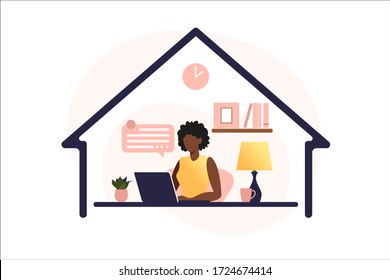 African american woman sitting at the table with laptop. Working on a computer. Freelance, online education or social media concept. Working from home, remote job. Flat style. Vector illustration.