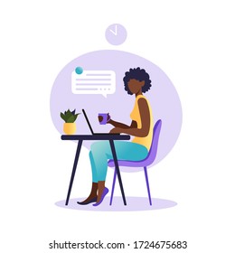 African american woman sitting at the table with laptop. Working on a computer. Freelance, online education or social media concept. Working from home, remote job. Flat style. Vector illustration.