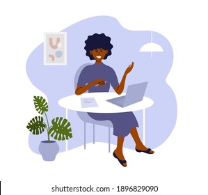 African american woman sitting at table working, studying using laptop. Black female talking making video call. Freelance, networking. Job interview, online employment. Home office vector illustration