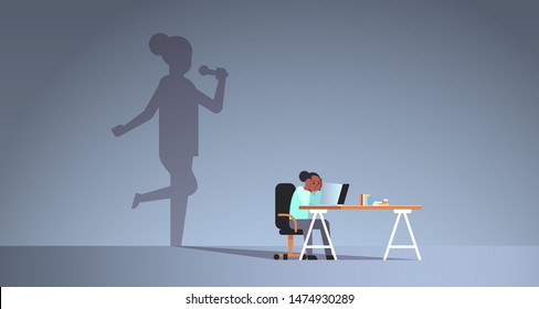 african american woman sitting at workplace using laptop shadow of singer holding microphone and singing imagination aspiration concept female cartoon character flat horizontal full length