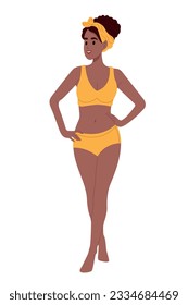 African American woman with slim body in underwear. Smiling African woman with slim figure wearing bra and panties. Skinny girl in a swimsuit. Vector flat illustration isolated on white background.