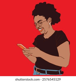 An African American woman smiles warmly as she reads her phone messages, her expression filled with joy and positivity. She is in a relaxed and inviting environment.