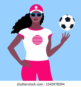 African American Woman With Soccer Ball. Female Character In Sportswear, Baseball Cap And Sunglass. Fitness Coach, Fitness Instructor Or Football Fan Girl. Vector Illustration