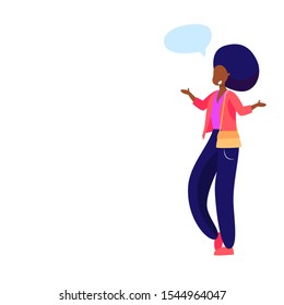 African American woman speaking and greeting someone. Speech bubble, hand gesture, talking flat vector illustration. Communication concept for banner, website design or landing web page