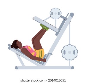 African american woman in sportswear doing exercises on training machine, flat cartoon vector illustration isolated on white background. Gym and lifting weight exercises.
