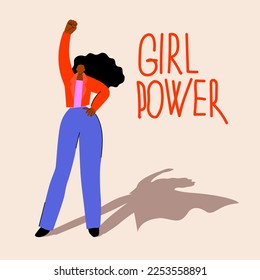 African american woman standing with her fist raised up. Girl power. International women's day. Feminist. Woman with superhero shadow. Woman with her hand raised. Stop racism. Strength. Business woman