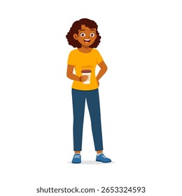 African American woman standing holding a coffee cup with a smile on her face illustration