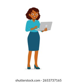African American woman standing holding a laptop and smiling looking at the screen confidently