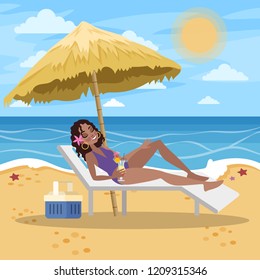 African american woman sunbathe on the summer beach. Vacation on the sea or ocean resort. Girl with cocktail. Vector illustration in cartoon style