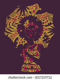 African American woman in sunglasses under sunshade with tropical tribal pattern. Cut out style illustration 