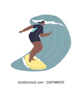 African american woman surfing. Girl riding surfboards on wave. Happy young female enjoy activity for active summer vacation at sea resort. Cartoon flat vector illustration