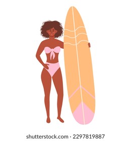 African american woman in swimsuit with surfboard. Beach surfer girl. Active summer, Healthy Lifestyle, Surfing, Summer Vacation concept.