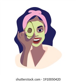 African American woman takes care of her skin. Avocado face mask. Organic cosmetic products. Dark skin care. Natural product. Hydration and rejuvenation. Vector illustration on isolated background