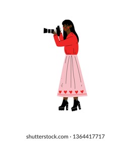 African American Woman Taking Photos with Digital Camera, Female Photographer Character Making Picture Vector Illustration