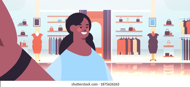 african american woman taking selfie on smartphone camera girl making self photo female clothes shopping mall interior horizontal portrait vector illustration