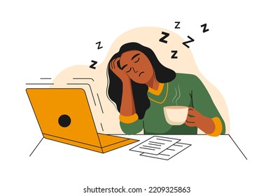 African american woman is Tired of working on a Laptop. The girl wants to Sleep. She holds a cup of Coffee in her hands and falls Asleep. Vector illustration on the theme of eye health and Fatigue. 