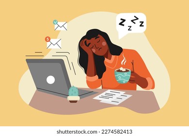 African American Woman is Tired of working on a Laptop. The girl wants to Sleep. She holds a cup of Coffee in her hands and falls Asleep. Vector illustration on the theme of eye health and Fatigue.