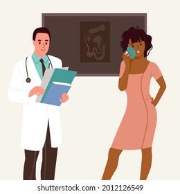 African American woman with toothache at the dentist's office discussing the treatment by taking a picture of the tooth. Flat vector illustration
