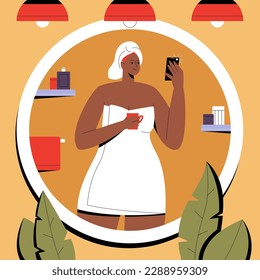 African American woman in towel photographing herself in mirror. Woman taking a selfie after taking a shower. Self care concept. Flat vector illustration