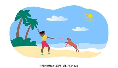 mujer afroamericana entrenando a perro atrapar disco volador en la ilustración del vector de la playa