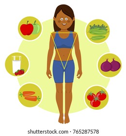 African american woman with triangle shape over healthy fruits and vegetables