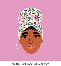 African american woman in turban and flowers. Portrait of Black female character isolated on background. Concept mental health. Vector illustration. 