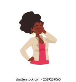 African american woman under stress feeling tired or confused with sudden fail, flat vector illustration isolated on white background. Gesture of shame or confusion.