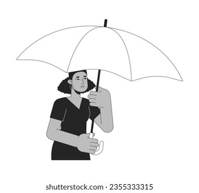 African american woman under umbrella flat line black white vector character. Editable outline half body person cover from bad weather. Simple cartoon isolated spot illustration for web graphic design