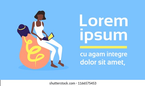 african american woman using laptop sitting on light lamp generation ideas innovation concept businesswoman cartoon character horizontal copy space flat vector illustration