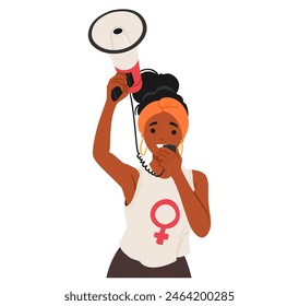 African American Woman Using A Megaphone, Symbolizing Activism, Empowerment, And Leadership. Character Wears Top With A Female Symbol, Emphasizing Gender Equality And Women Rights. Vector Illustration