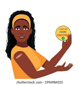 African American woman vaccinated against covid -19. For web page and vaccination centre. Vector illustration.