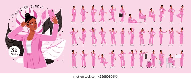 African american woman in vivid pink, pretty black girl character set, fashion bundle. Wide pants, loose fit business casual wear. Social media, style, beauty, pop culture blogger kit. Vector cartoon