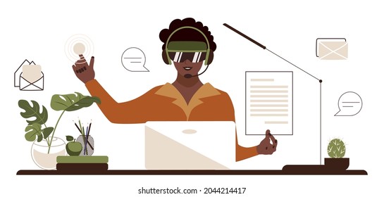 African American Woman In Vr Glasses Works In The Office. Female At The Table Uses An Interactive Panel And Virtual Documentation. Flat Business Vector Illustration