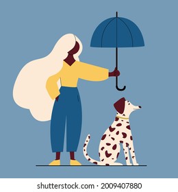 African american woman walking on the street dog holding an umbrella over her dalmatian dog concept of love between owner and animal. Flat cartoon colorful vector illustration.