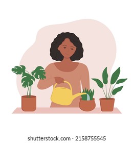 African American woman watering indoor plants from a watering can. Happy female character caring and growing houseplants at home. Vector illustration