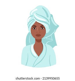 African American woman wearing a bathrobe. Beauty procedures concept. Girl in spa salon. Vector illustration. 