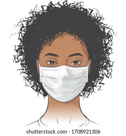 African American woman wearing disposable medical surgical face mask to protect against high air toxic pollution city. stop the spread of viruses, help prevent hand-to-mouth transmissions. Vector