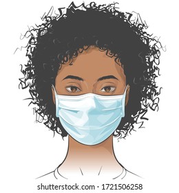 African American woman wearing disposable medical surgical face mask to protect against high air toxic pollution city. stop the spread of viruses, help prevent hand-to-mouth transmissions. Vector