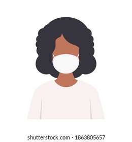 African American woman wearing protective medical masks. Wearing a face mask. Protection against viruses, bacteria, smog, urban air pollution, emissions of polluting gases. Vector.
